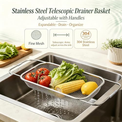 Stainless Steel Telescopic Drainer Basket, Expandable Sink Colander,S