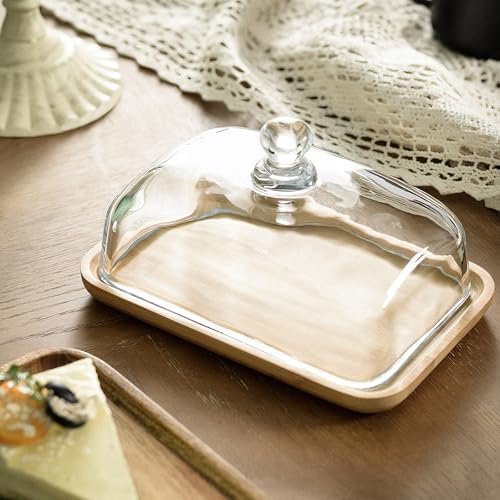 Glass Butter Dish with Lid, 1PC Wooden Wide Butter Holder for