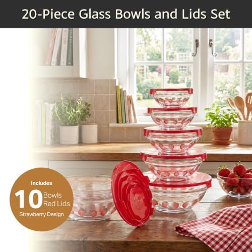 Classic Cuisine Glass Mixing Bowls with Lids, Strawberry, 10 Pack