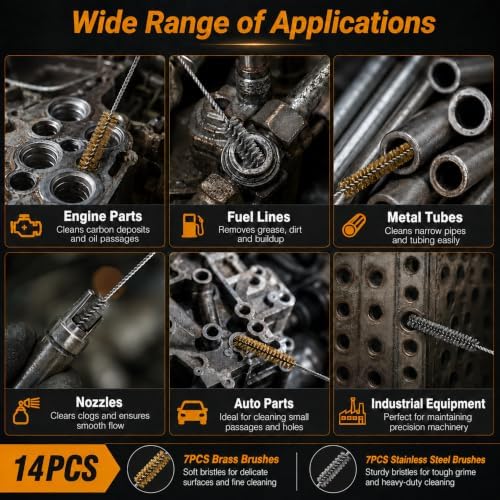 14PCS Tube Cleaning Brush Set, 7 Brass & 7 Stainless Steel Wire