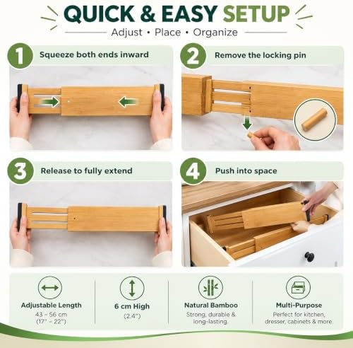 Bamboo Drawer Divider 6 Pack, Expandable Drawer Dividers, Adjustable