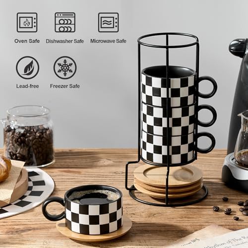 LUKA 6 Ounce Ceramic Stackable Black and White Checkered Espresso Cups