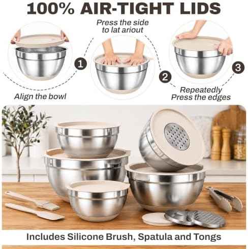 Four Flowers Stainless Steel Mixing Bowls with Lids, 11-Piece Nesting Set