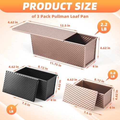 3 PCS Pullman Loaf Pan with Lid, 2.2 lb & 1 lb & 0.8 lb Dough