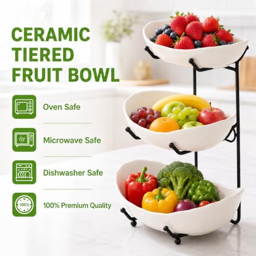 HBlife 3 Tier Fruit Bowl, Ceramic Fruit Basket for Kitchen Counter