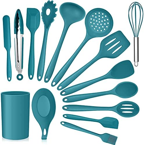 E-far Teal Blue 15-Piece Silicone Cooking Utensil Set