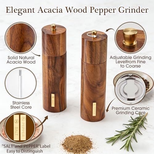 Acacia Wood Salt and Pepper Grinder Set, 2 Pack