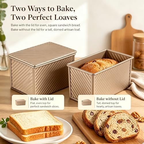 Pullman Loaf Pan with Lid, 2 Pack Aluminized Steel Bread Pan Golden