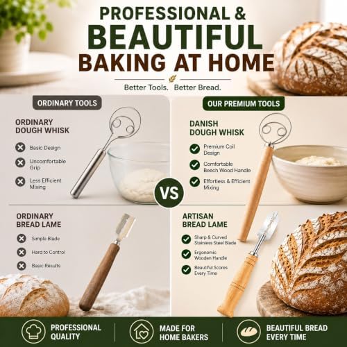 Danish Dough Whisk, Bread Lame, Set 13 Inch Sourdough Scoring Tool