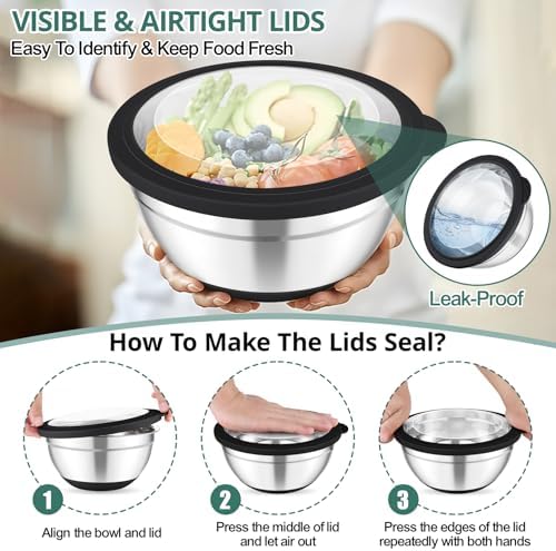 TeamFar Mixing Bowls, Salad Bowls with Transparent Airtight Lids, Black