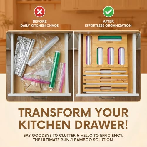 9 in 1 Storage Bag Organizer for Kitchen Drawer, Bamboo Foil and