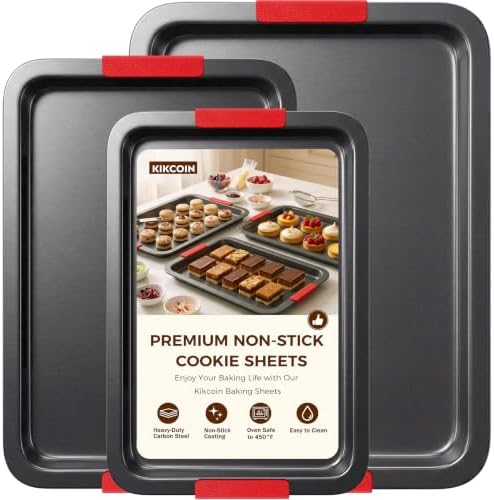 Kikcoin Nonstick Cookie Sheets for Baking Set of 3, Carbon Steel Sheet