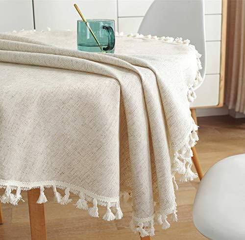 AMZALI Cotton Linen Fabric Tassel Round Tablecloth Dust-Proof Table