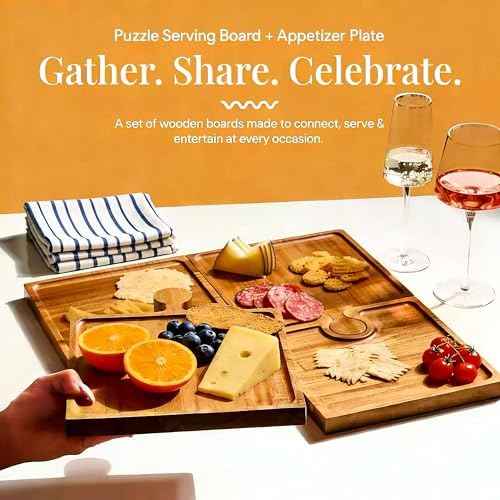Set of 4 Acacia Wood Charcuterie Board, Puzzle Interlocking Serving Tray with Handle & Storage Box
