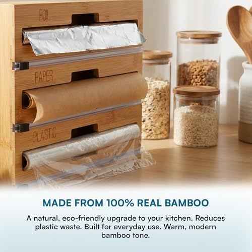 Honey-Can-Do Bamboo Wrap Organizer with Safety Cutter — 3-in-1 Drawer Holder for Aluminum Foil, Wax & Parchment Paper, and Plastic Wrap (Fits 12" Rolls)