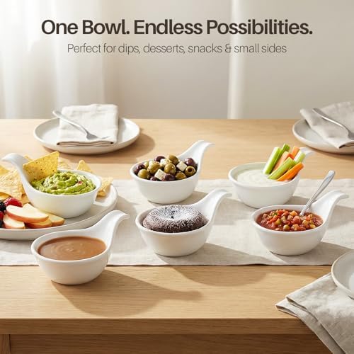 Flexzion Small Dipping Bowls with Handles, Ceramic White, 3 oz, 6-Pack