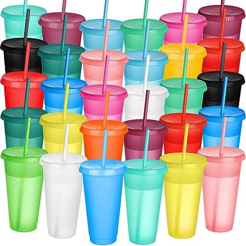Honeydak 30 Pack Plastic Tumbler with Straw and Lid Bulk, Assorted