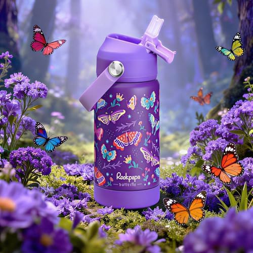 rockpapa 14oz Kids Stainless Steel Water Bottle with Straws, Butterfly