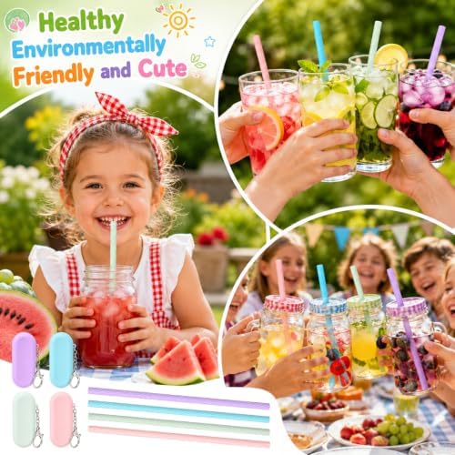 4 Sets Reusable Silicone Straws with Case