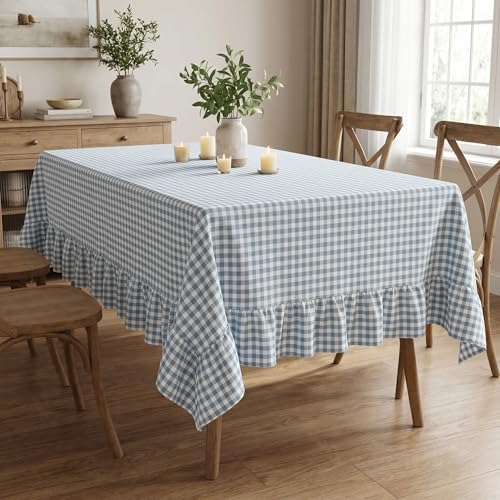 PartyDelight Gingham Ruffled Tablecloth Blue/White Plaid Checkered