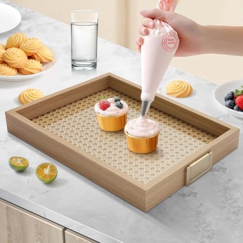 YWMSGM Rattan Woven mesh Surface Wood Serving Tray with Metal Handles