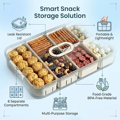 Snackle Box Container with Lid – 6 Compartment Rectangular Divided
