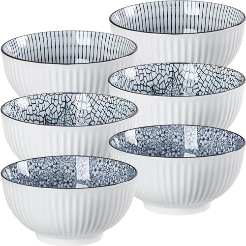 QINLANG 6 Inch Blue and White Porcelain 30 oz Bowls Set of 6 for Soup