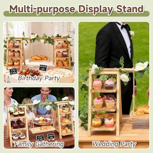 Wooden Cupcake Stand, Foldable 3 Tier Cupcake Display Stand, Walnut