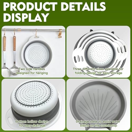 Collapsible Colanders Set, 3 Pack Food Strainers with Over-Sink Water