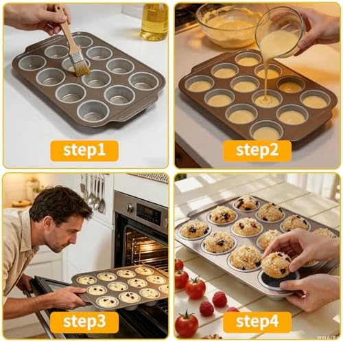 12-Cup Silicone Muffin Pan with Carbon Steel Frame, Non-stick Cupcake