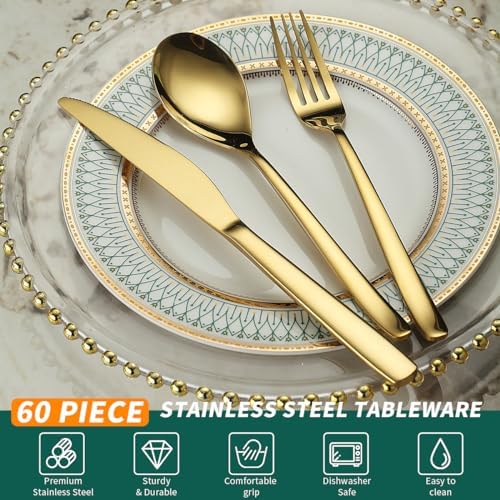 Berglander Gold Wedding Silverware Set 60pcs Service for 20, Titanium