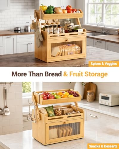 Bread Box for Kitchen Countertop, Bamboo Bread Storage with Fruit Basket