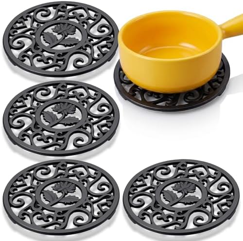 4 Pcs Cast Iron Trivet, 4.6 Inch Round Metal Trivet with Vintage