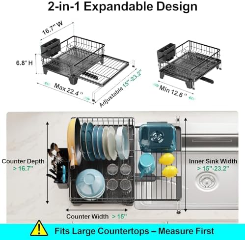 GSlife Expandable Dish Drying Rack - Over Sink & Countertop Use, Black