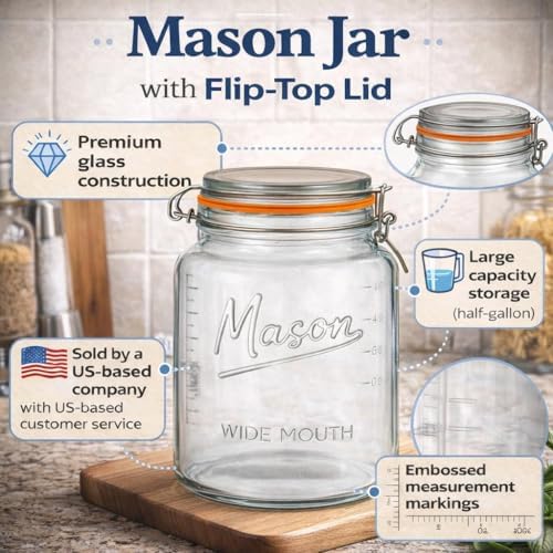 kitchentoolz Large Glass Mason Jars with Airtight Lids - Half Gallon