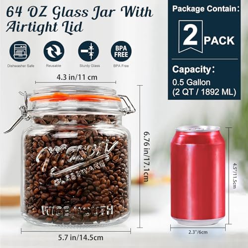 Half Gallon Mason Jar with Hinged Lid, 64 Oz Glass Jar, 2 Pack
