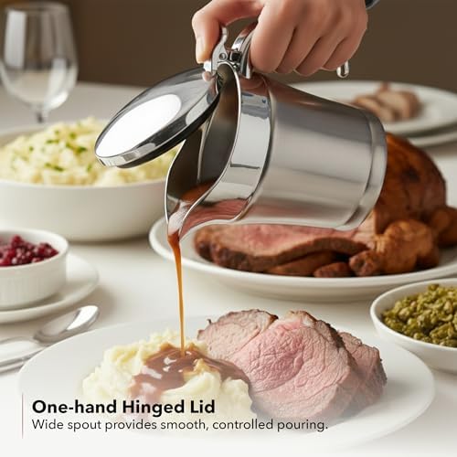 OVENTE Stainless Steel Gravy Boat with Hinged Lid, 14Oz, Silver