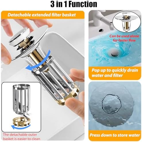 Anlige Bathroom Sink Drain Strainer, 3 in 1 Pop Up Bathroom Sink