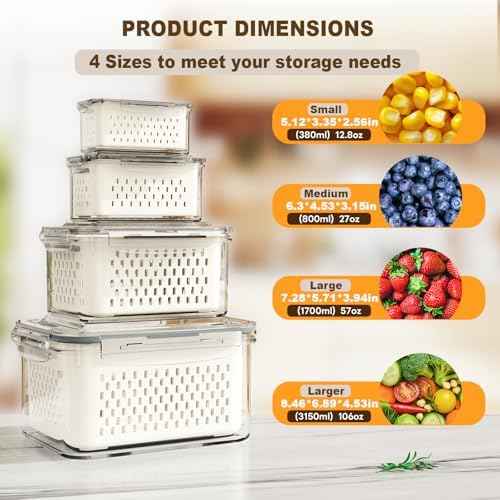 Dayacoco Fruit Storage Containers, 4 Pcs, Drain Basket