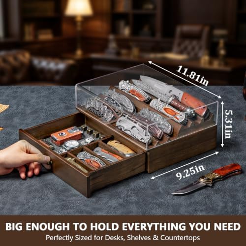 Wooden Knife Display Case with Clear Lid, Walnut