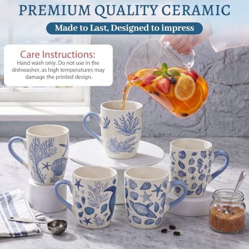 Qinyoung 6 Pcs Coastal Coffee Mugs Set 12oz Beach Ceramic Cups with