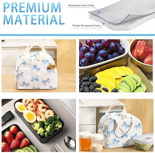 Lunch Box for Girls, Blue Bow Tie, Corduroy Lunch Bag for Women