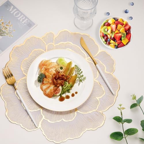 Evevda 15 Inch Gold Floral Shaped Vinyl Placemats for Dinner Table Set