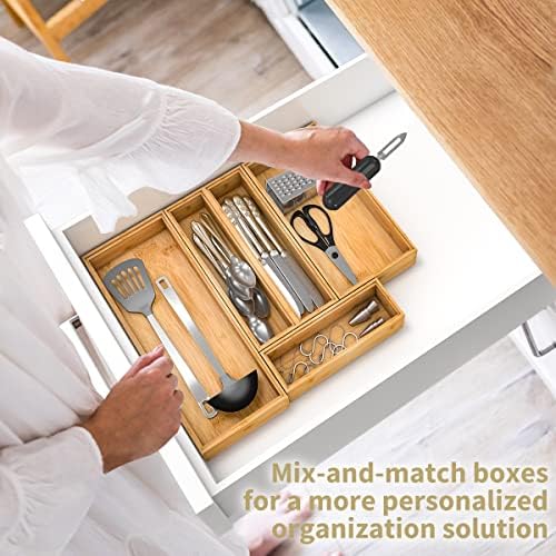 Bamboo Kitchen Drawer Organizer 12"x 3", Wooden Stackable Silverware