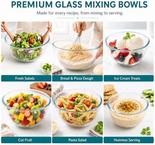 Luvan Glass Mixing Bowls with Lids Set(4.5QT, 2.7QT, 1.1QT)-Large