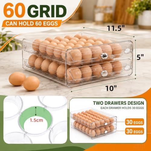 60 Egg Holder for Fridge Clear 2 Layers Egg Tray with Date Tracker