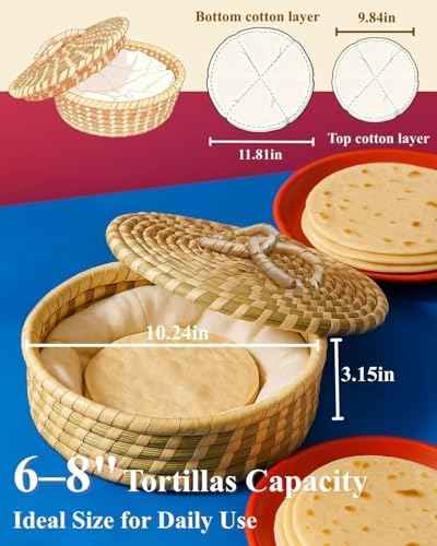 Handwoven Seagrass Tortilla Warmer Basket with Lid, 9.6" Breathable
