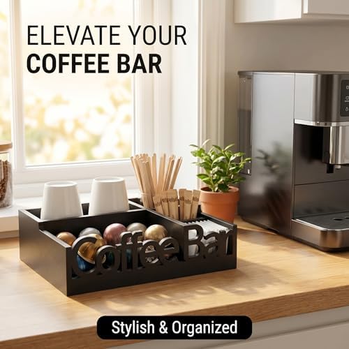 Coffee Bar Organizer Countertop,Wood Caddy with Compartments for