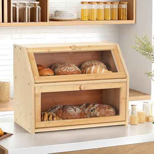 Bread Box for Kitchen Countertop, Large Double Layer Bamboo Bread Storage Box with Clear Door, Includes 20 Bread Bags & Labels, Farmhouse Kitchen Storage Organizer (Natural Bamboo)