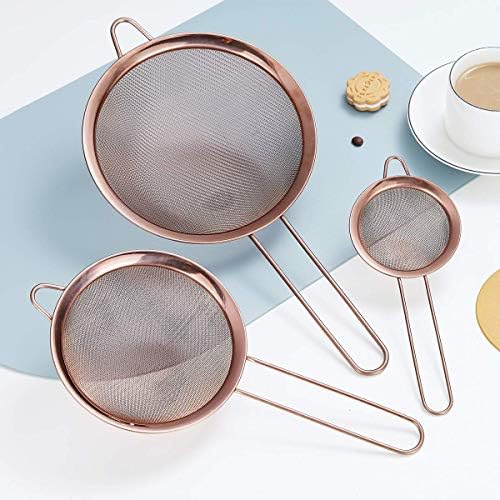 Kyraton Rose Gold Fine Mesh Strainer 3 Pieces Set, Copper Flour Sifter